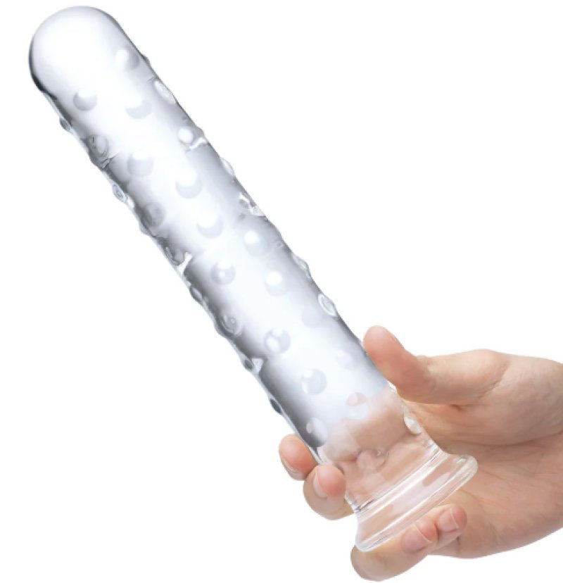Glas 10 Inch Extra Large Clear Glass Dildo With Textured Ridges and Smooth Tapered Tip