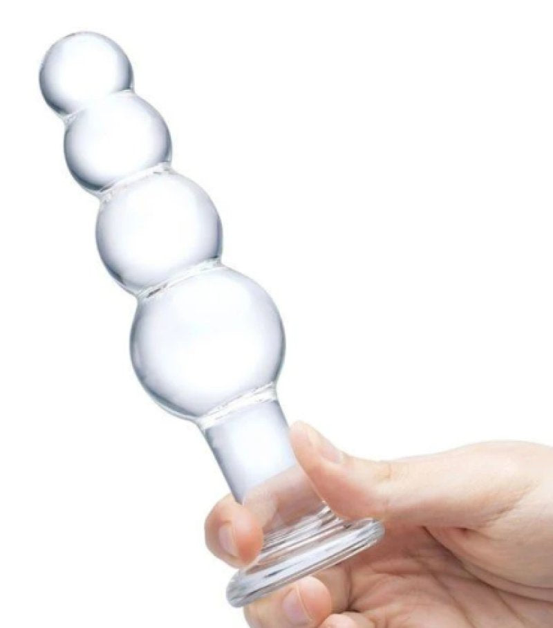 Glas 7.25 Inch Clear Glass Beaded Butt Plug with Graduated Beads and Flared Base