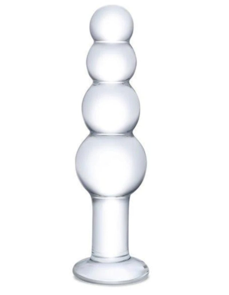 Glas 7.25 Inch Clear Glass Beaded Butt Plug with Graduated Beads and Flared Base