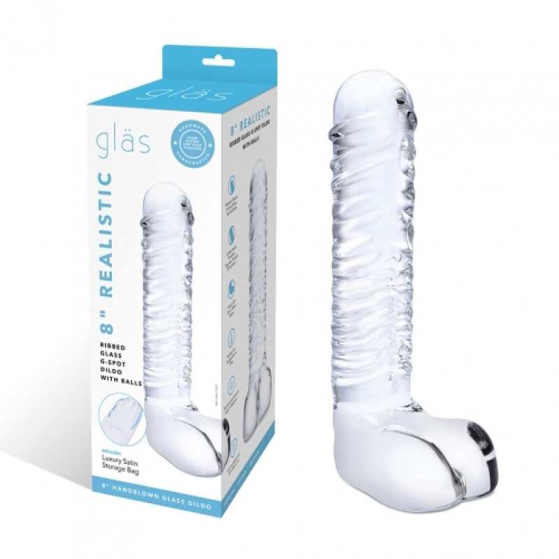 Glas 8 Inch Clear Realistic Ribbed G-Spot Dildo With Balls