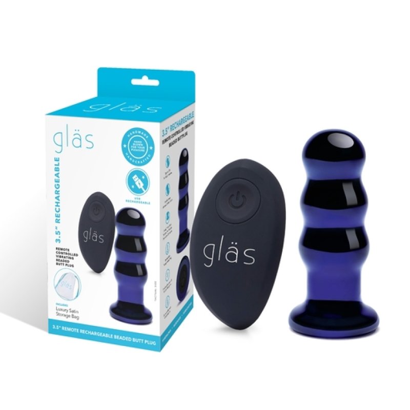 Glas 3.5 Inch Remote Controlled Vibrating Beaded Butt Plug in Black and Purple