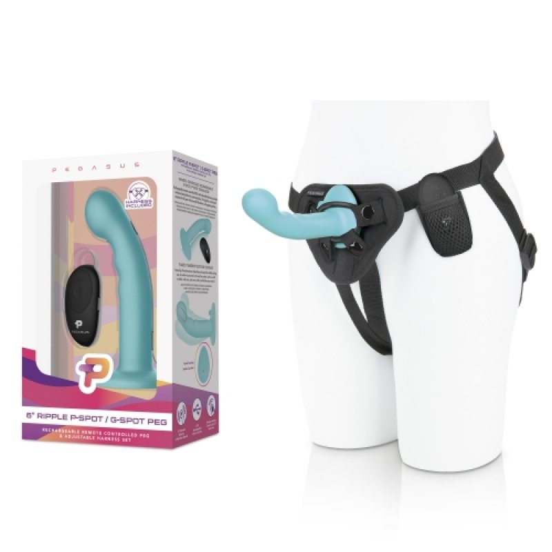 Pegasus 6 Inch Remote Control Ripple P-Spot G-Spot Silicone Peg with Harness in Blue Main image