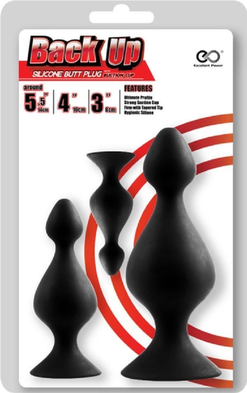 Back Up Kit Butt Plug Set 3 Sizes Black Silicone with Suction Cup Base > Anal Range > Butt Plug Kits