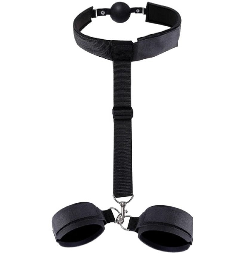 Domination Restraints Desire Bondage Wrist Cuffs with Black Silicone Ball Gag Main image
