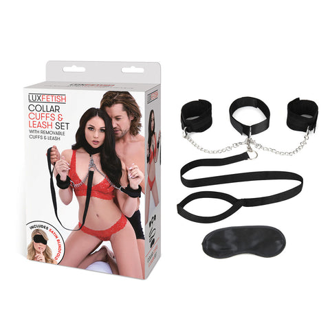 Lux Fetish Collar Cuffs and Leash Set with Removable Soft Plush Lined Cuffs and Adjustable Collar in Black Black > Bondage Gear > Restraints