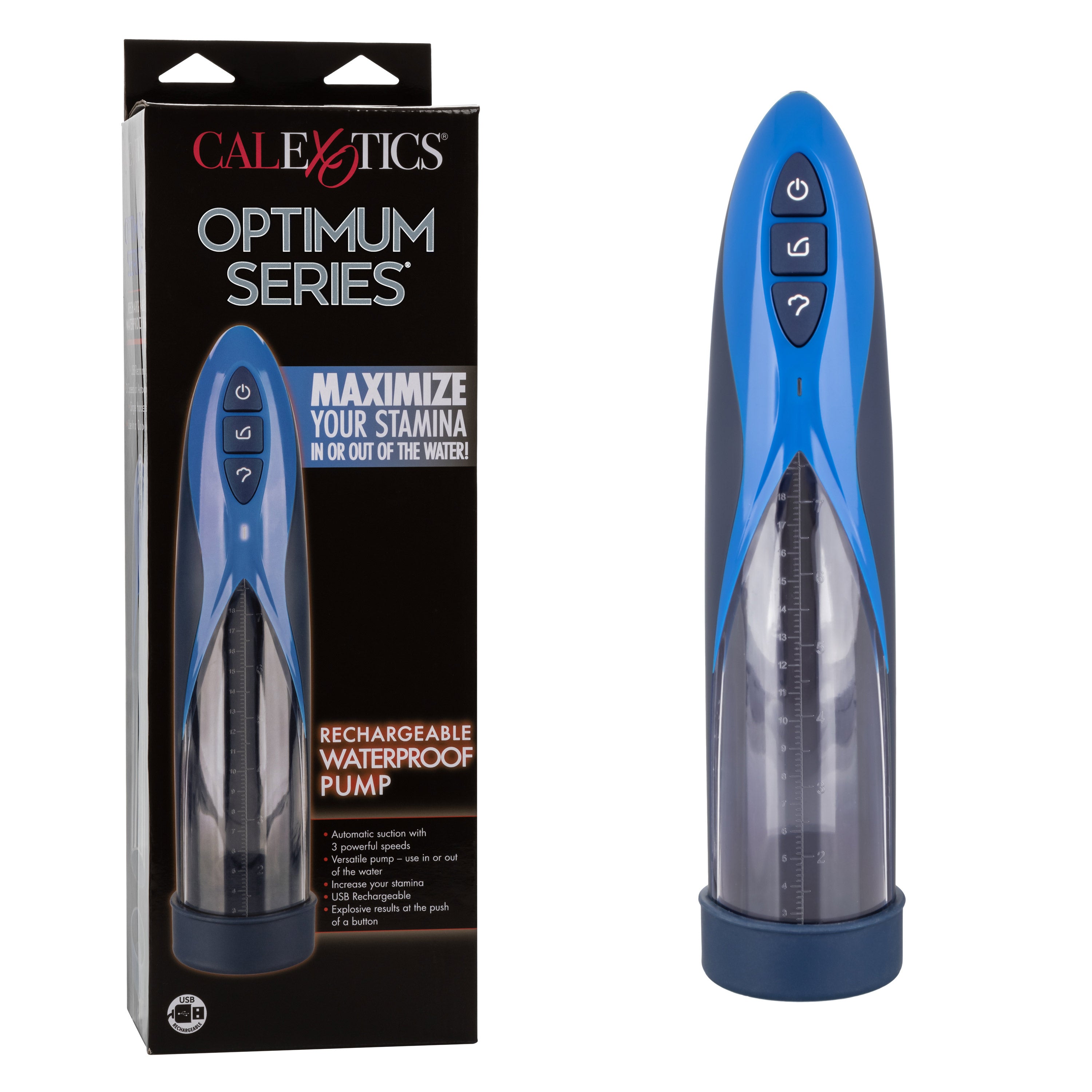 Optimum Series Rechargeable Waterproof Pump with Silicone Donut Base and USB Charging, Blue and Clear, Medium Size PUMPS Male Electric