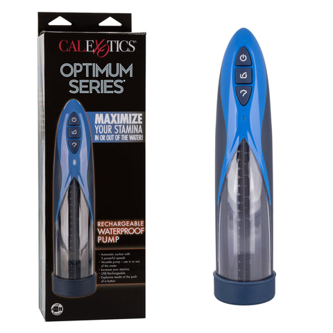 Optimum Series Rechargeable Waterproof Pump with Silicone Donut Base and USB Charging, Blue and Clear, Medium Size PUMPS Male Electric