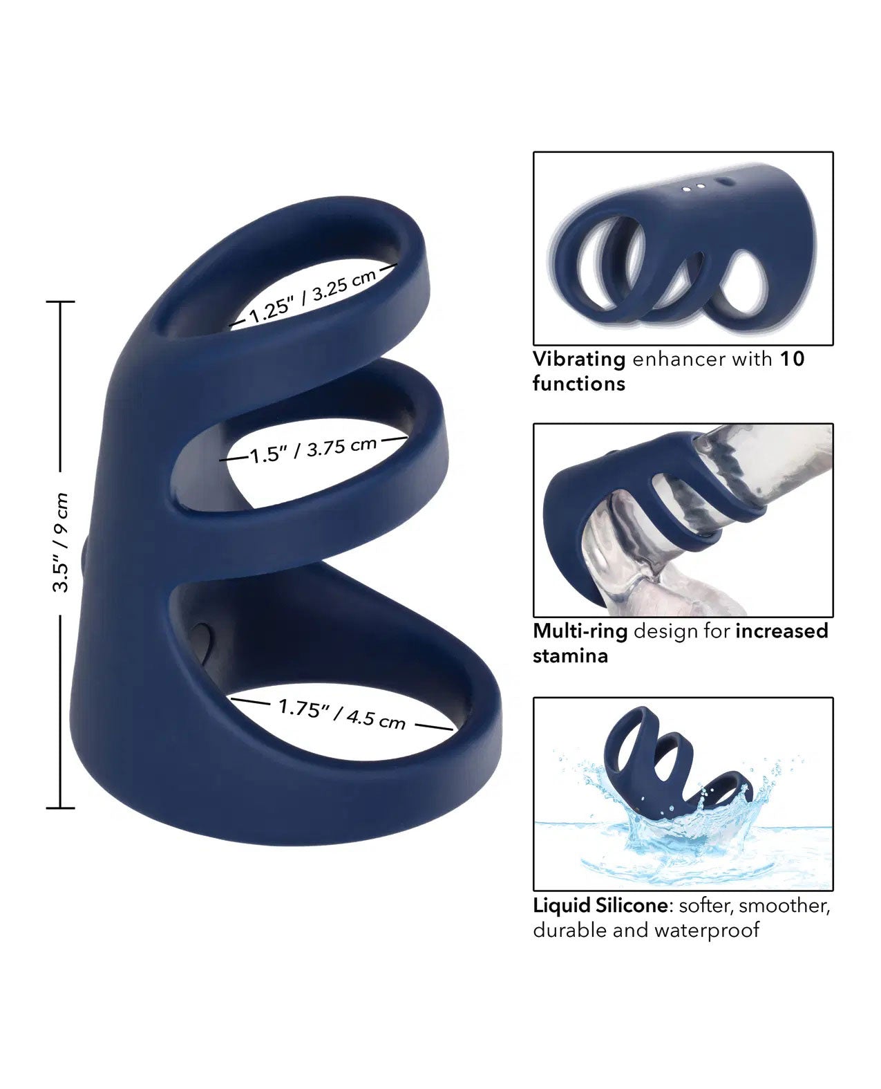 Viceroy Triple Cock Cage Liquid Silicone Ring with 10 Vibration Functions, Blue, 3.5in x 2in > Bondage Gear > Male Chastity