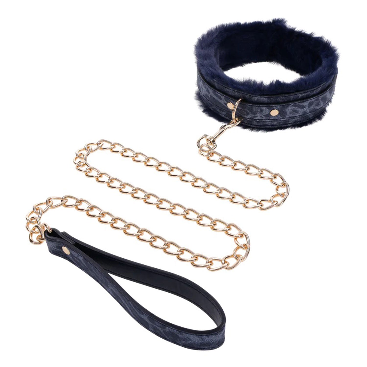 Sex & Mischief Cougar Fur Collar and Leash Set Navy and Gold Furry Restraint with Adjustable Collar and Chain Leash Blue > Bondage Gear > Restraints