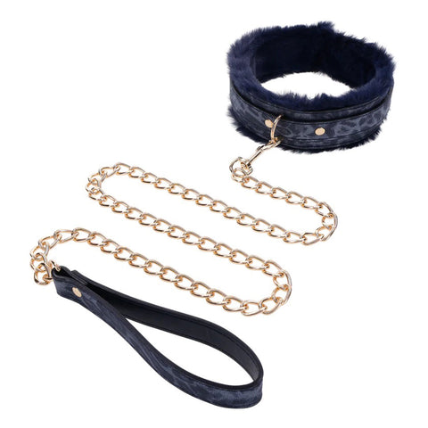 Sex & Mischief Cougar Fur Collar and Leash Set Navy and Gold Furry Restraint with Adjustable Collar and Chain Leash Blue > Bondage Gear > Restraints