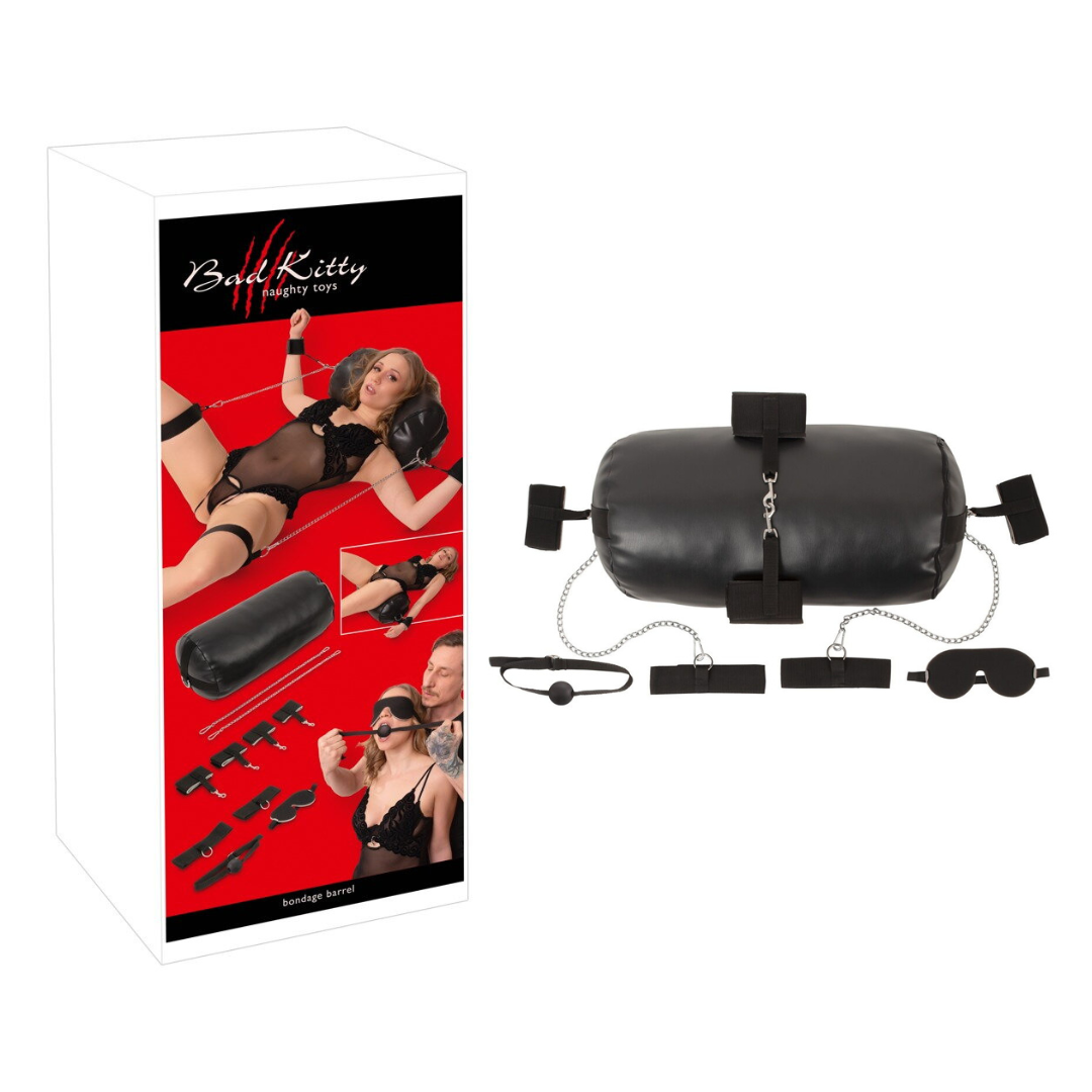 Bad Kitty Bondage Barrel Complete Set with Padded Black Imitation Leather Roll, Restraints, Ball Gag, and Blindfold