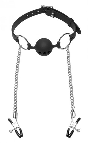Hinder Breathable Silicone Ball Gag With Nipple Clamps Black > Bondage Gear > Gags and Bits