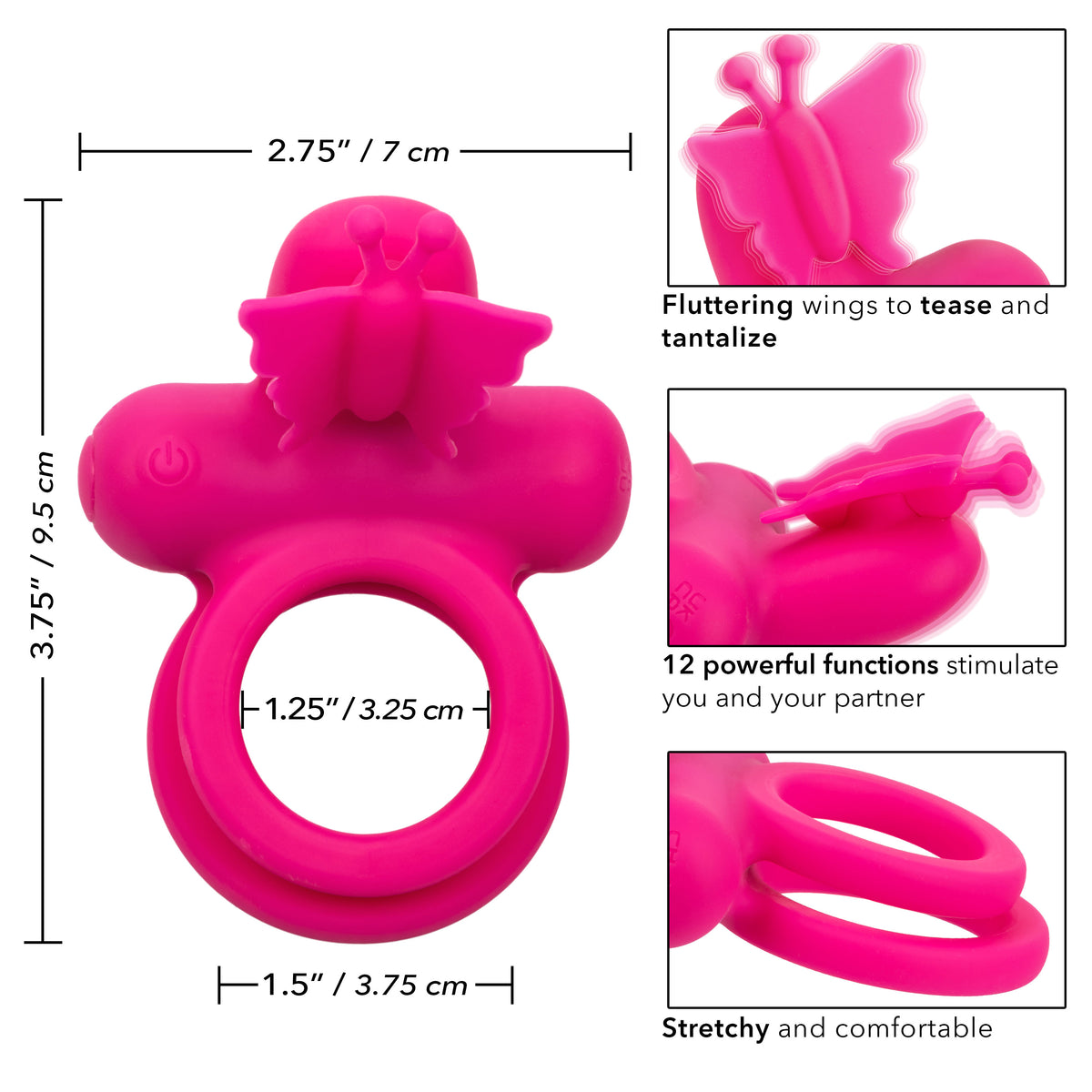 CalExotics Silicone Pink Butterfly Dual Ring with 12 Vibration Functions and Waterproof Design Pink > Cock Ring > Vibrating