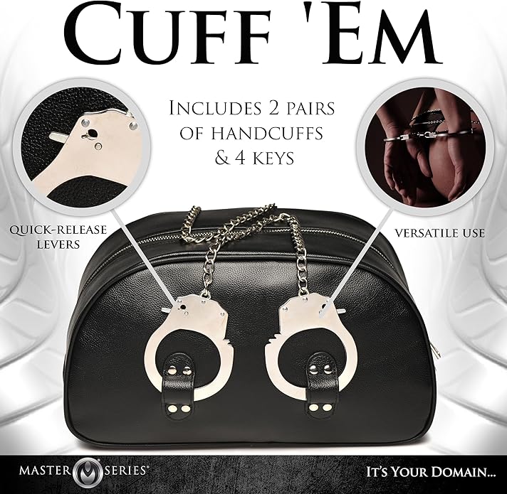 Master Series Cuffed and Loaded Black Vegan Leather Travel Bag with Handcuff Handles 13 x 7.25 x 7 Inches > Essentials > Toy Storage