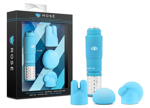 Rose Revitalize Massage Kit Blue with 3 Silicone Attachments Blue Finger Stimulator