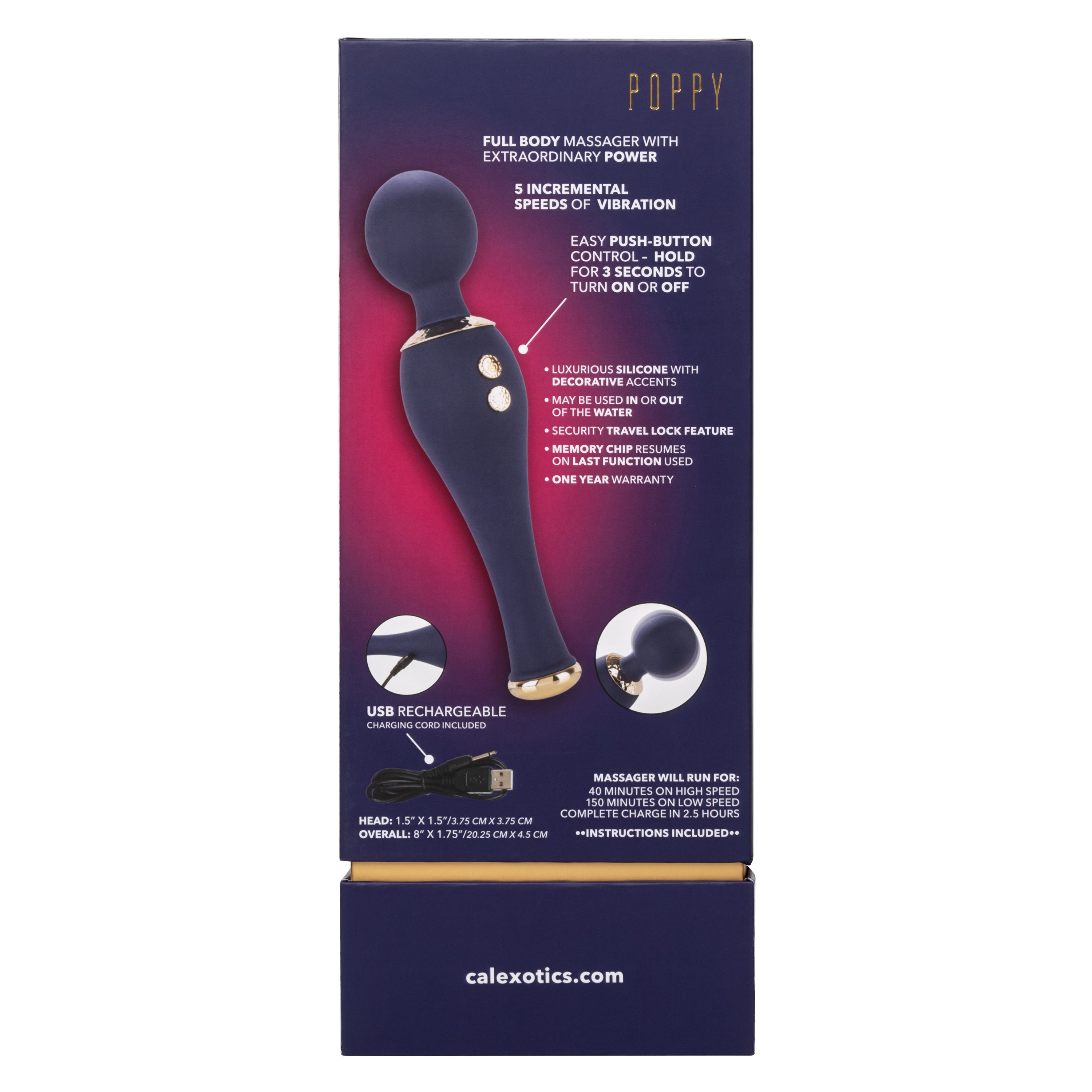 Chic Poppy Navy Blue Ultra-Plush Silicone Massager with 5 Vibration Levels and Gold Accents, Rechargeable, Waterproof 3000 > Sex Toys > Massage Wands