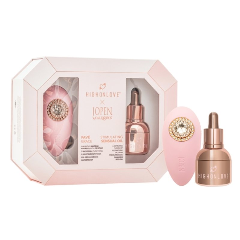 HighOnLove Pave Grace Pink Objects Of Desire Gift Set with 30ml Stimulating Sensual Oil and JOPEN Palm Massager