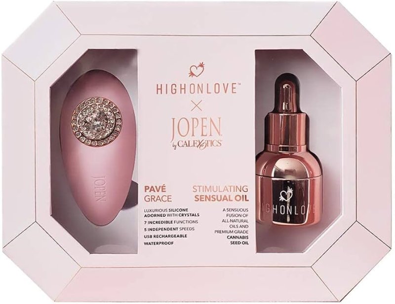 HighOnLove Pave Grace Pink Objects Of Desire Gift Set with 30ml Stimulating Sensual Oil and JOPEN Palm Massager