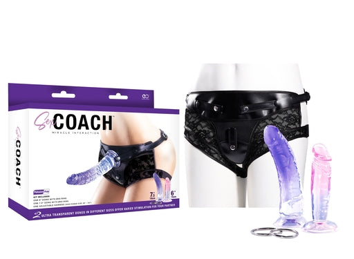 Sex Coach Strap-On Kit with Two Translucent PVC Dildos, 15cm and 19cm, Transparent Color, Universal Adjustable Strap