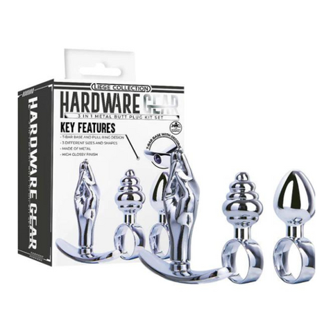 Hardware Gear Metal Butt Plug Kit 3 Pack Mini Metal Butt Plugs with Spade, Beehive Ribbed, and Hand Shapes in Silver Default Title > Anal Range > Butt Plug Kits
