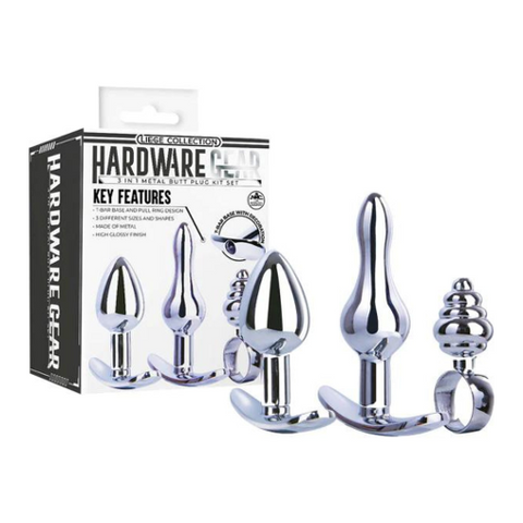 Hardware Gear Metal Butt Plug Kit 3 Pack Mini Silver Metal Butt Plugs with Spade, Beehive Ribbed, and Wave Bulge Designs Default Title > Anal Range > Butt Plug Kits