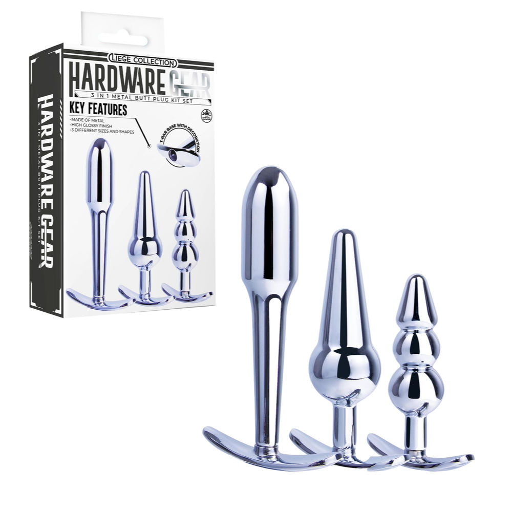 Hardware Gear Metal Butt Plug Kit 3 Piece Set with T Rocker Bases and High Glossy Silver Finish Default Title > Anal Range > Butt Plug Kits