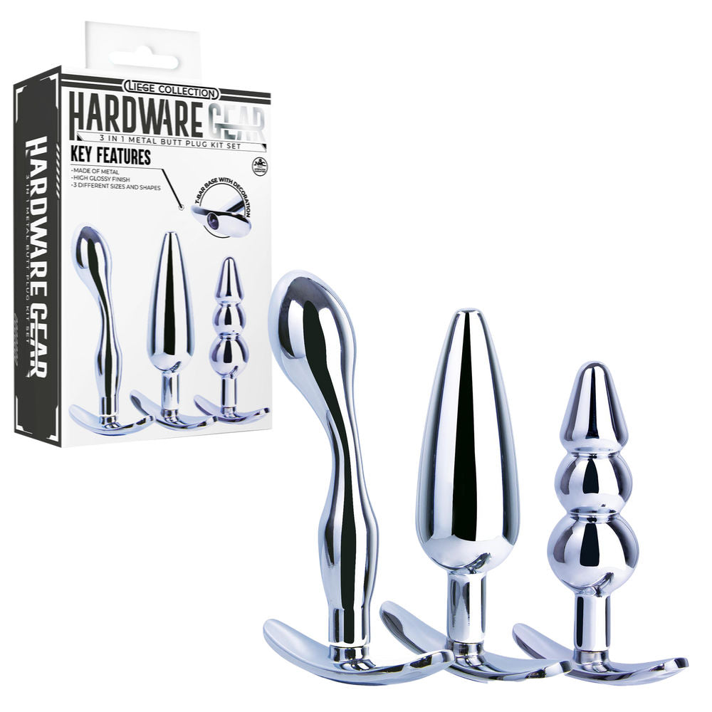 Hardware Gear Metal Butt Plug Kit 3-Piece Set with High Glossy Silver Finish and Varied Sizes Default Title > Anal Range > Butt Plug Kits
