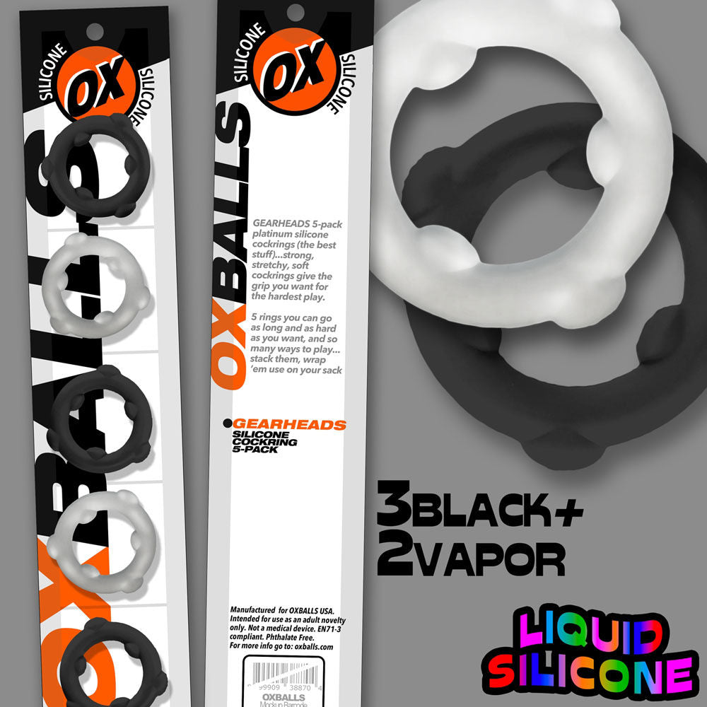 Gearheads 5 Pack Spinner Rings (Black Vapor) – Stretchy Silicone Cock Rings Black > Cock Ring > Sets