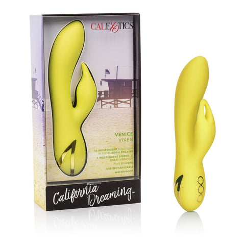 California Dreaming Venice Vixen Yellow Rechargeable Silicone Massager with 10 Vibration Functions and Waterproof Design VIBRATORS-RABBIT