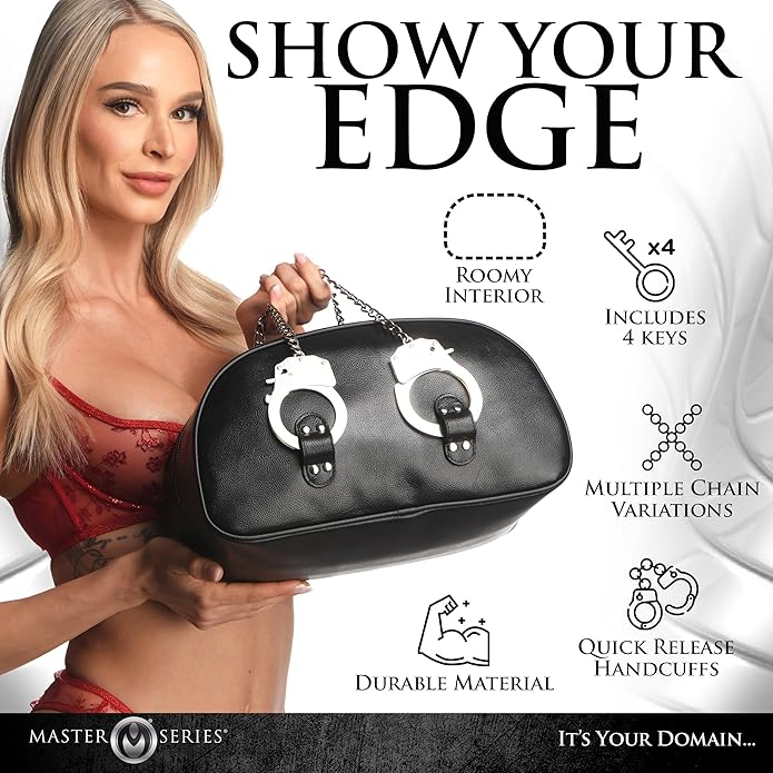 Master Series Cuffed and Loaded Black Vegan Leather Travel Bag with Handcuff Handles 13 x 7.25 x 7 Inches > Essentials > Toy Storage
