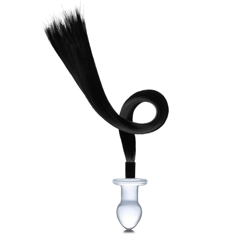 Glas 3 Inch Black Horse Tail Glass Butt Plug Clear Tails