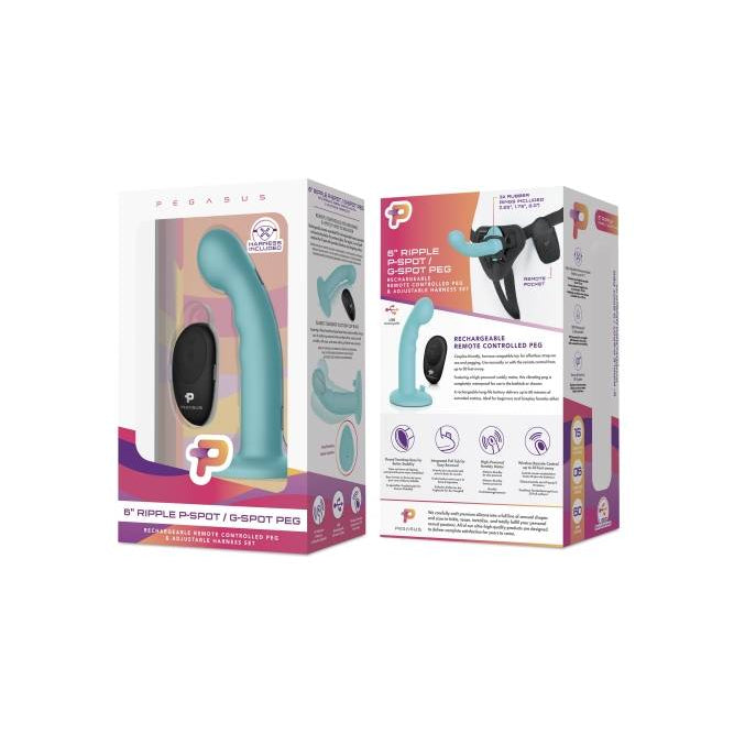 Pegasus 6 Inch Remote Control Ripple P-Spot G-Spot Silicone Peg with Harness in Blue > Dildos > Strap On Harnesses