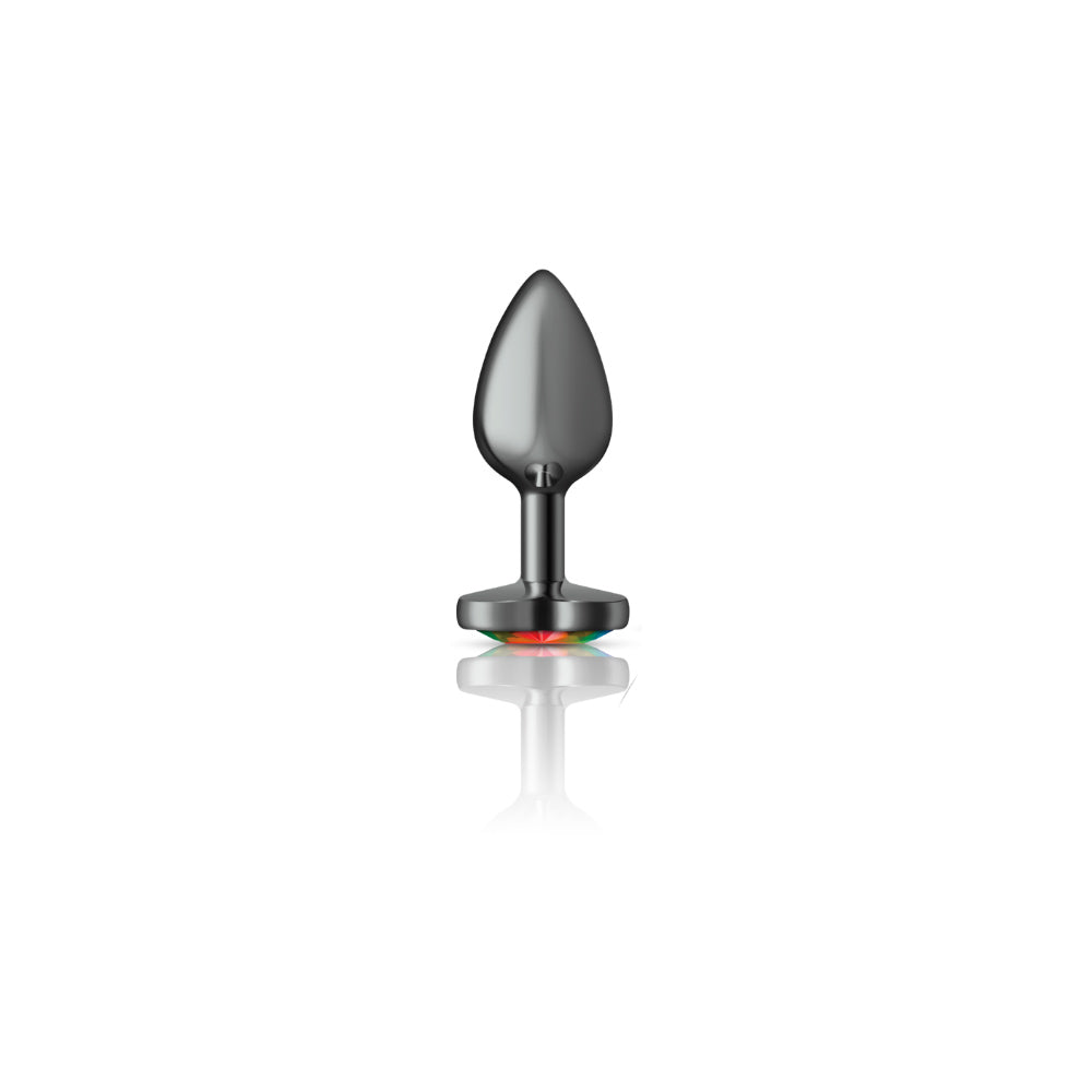 Cheeky Charms Gunmetal Butt Plug with Heart Rainbow Jewel Small > Anal Range > Jewel Butt Plugs