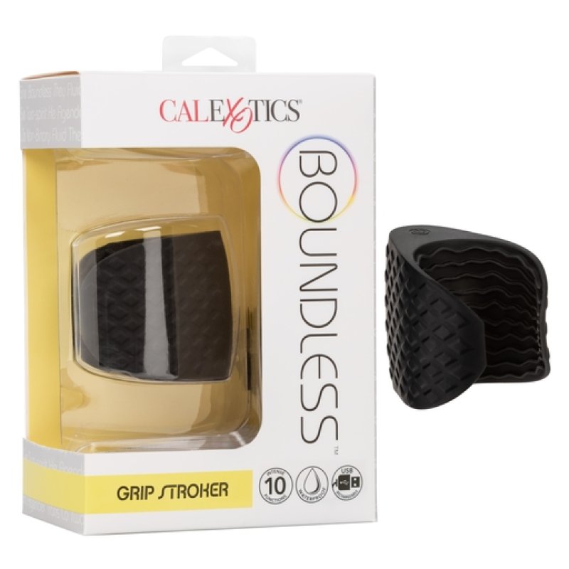 Boundless Grip Stroker Black Textured Silicone Handheld Masturbator with 10 Vibration Functions and Battery
