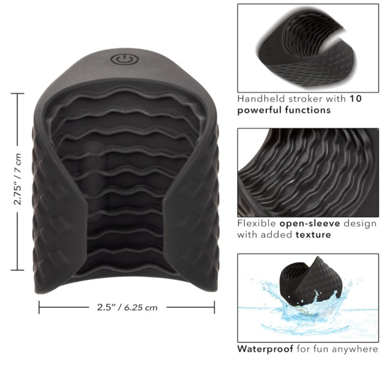 Boundless Grip Stroker Black Textured Silicone Handheld Masturbator with 10 Vibration Functions and Battery
