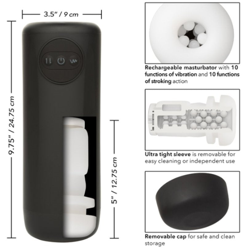Optimum Power Vibrating and Thruster Stroker Black Masturbator with Ultra-Soft Textured Sleeve