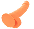 An orange silicone adult novelty toy with a flared base and curved shaft, shown on a plain white background.