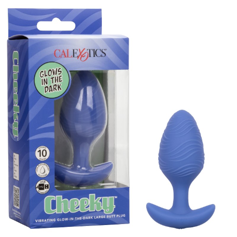 Cheeky™ Vibrating Glow-In-The-Dark Large Blue Silicone Butt Plug with 10 Speeds and Battery