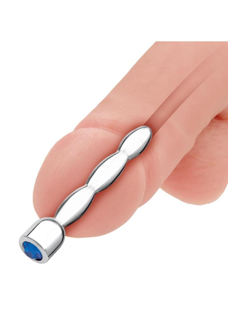 Blue Line 2 Inch Stainless Steel Bling Bling Wavy Penis Plug with Blue Gem Base > Sex Toys For Men > Sounding Rods