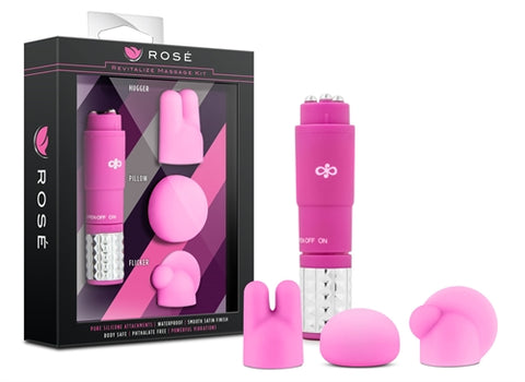 Rose Revitalize Massage Kit Pink with 3 Silicone Attachments Pink Finger Stimulator