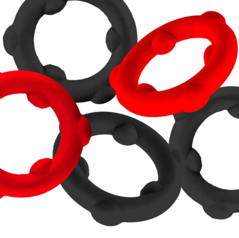 Oxballs Gearheads (Red/Black) – 5-Pack Liquid Silicone Stretch Cockrings