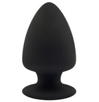 A matte black silicone butt plug with a flared base, shown against a plain white background.