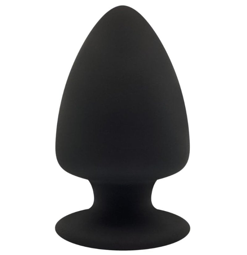 A matte black silicone butt plug with a flared base, shown against a plain white background.