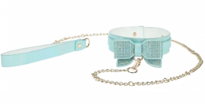 Ouch Paris Collection Collar with Leash in Light Blue PU Leather with Iridescent Hardware Main image