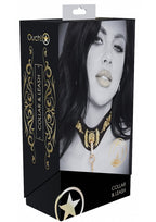 Ouch London Collection Collar with Leash Black PU Leather with Gold Embroidery and Iridescent Hardware