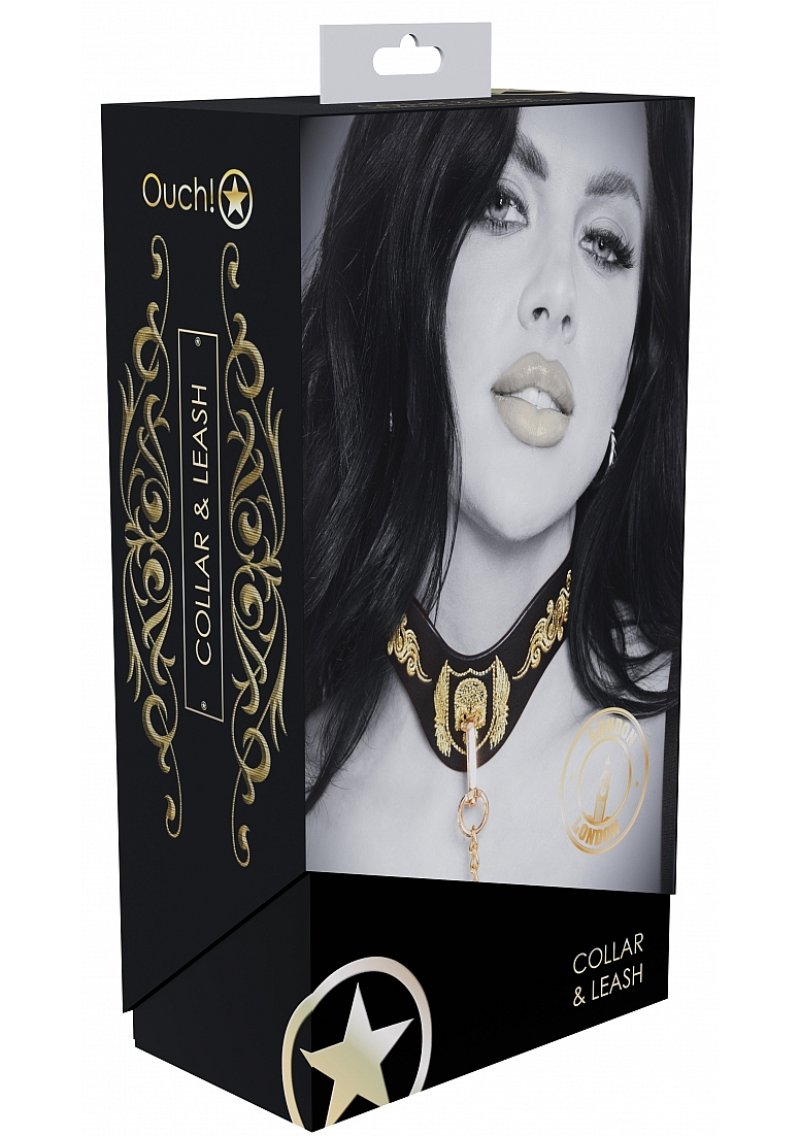 Ouch London Collection Collar with Leash Black PU Leather with Gold Embroidery and Iridescent Hardware