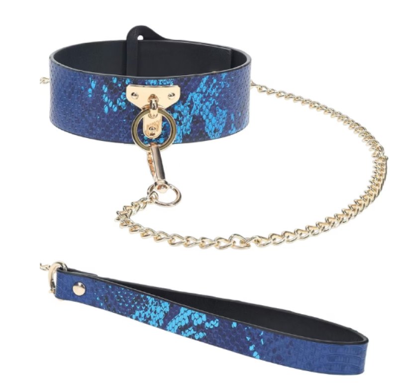 Ouch Florence Collection Collar with Leash PU Leather with Iridescent Hardware - Blue Main image