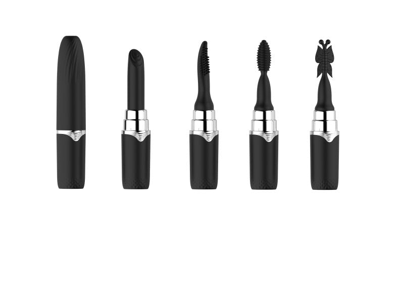 Set of black makeup brushes with silver accents on a white background Main image
