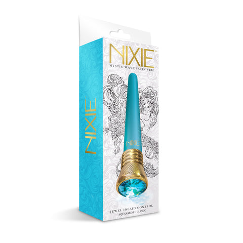 Nixie Jewel Satin Classic Vibe Aquamarine 7 Inch Waterproof G-Spot Vibrator Blue > Vibrators > Standard Vibrators