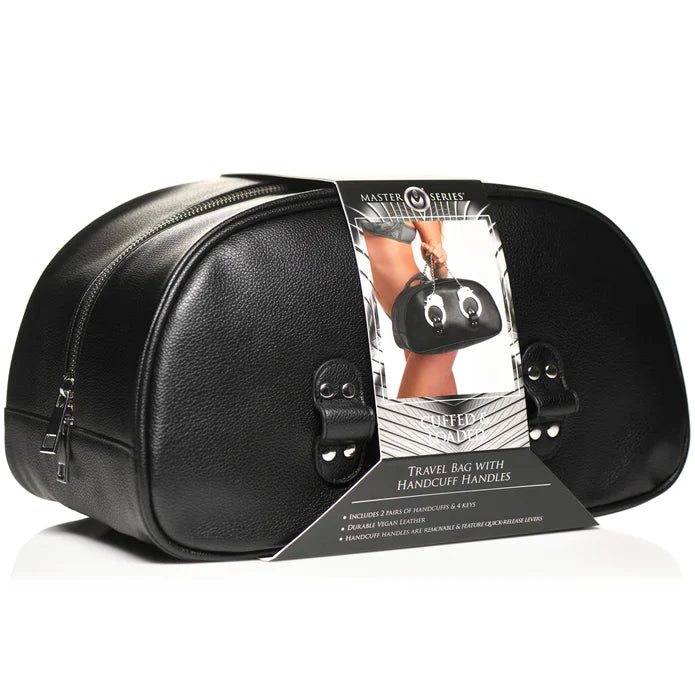Master Series Cuffed and Loaded Black Vegan Leather Travel Bag with Handcuff Handles 13 x 7.25 x 7 Inches > Essentials > Toy Storage